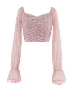 Ruched Dot Mesh Sweetheart Neck Crop Top in Pink