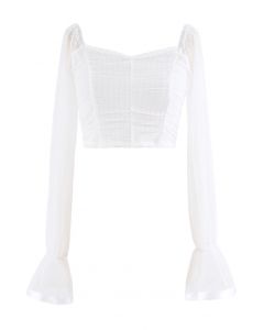 Ruched Dot Mesh Sweetheart Crop Top in White