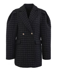 Manteau en Tweed avec Poches aux Epaules Bouffantes en Noir