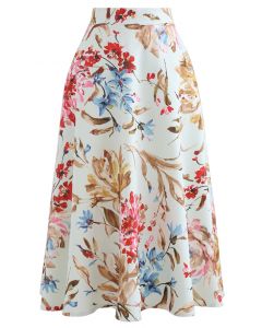 Superbe jupe mi-longue trapèze à imprimé floral en rose