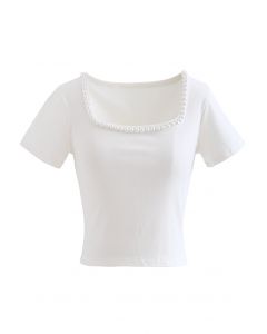 Pearls Decorated Fitted Crop Top in White