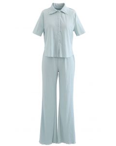 Ensemble chemise à coupe brute en relief et pantalon à ourlet laitue en bleu clair