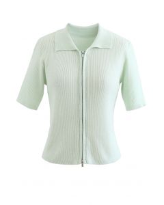Cardigan en tricot côtelé à manches courtes et double fermeture éclair en vert clair