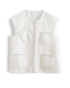 Veste gilet en tweed avec poche à bord nacré en blanc