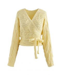 Wrap Front Braid Knit Crop Sweater in Yellow