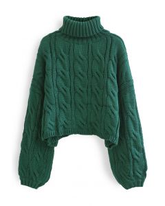 Pull court en tricot tressé à col roulé en vert