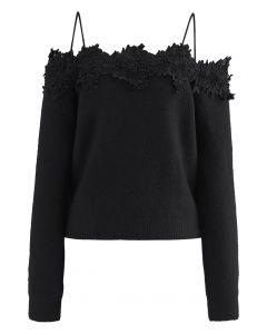 3D Floral Crochet Edge Off-Shoulder Soft Knit Top in Black
