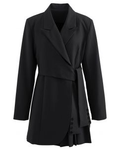 Robe blazer plissée à taille nouée et épaules dénudées en noir