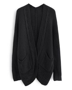 Cardigan en tricot tressé avec poche avant ouverte en noir