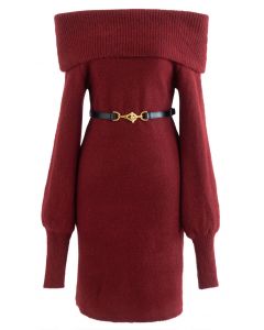 Mini-robe ceinturée en tricot doux à épaules dénudées en rouge