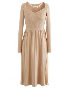 Necklace Sweetheart Neck Pleated Knit Dress in Light Tan