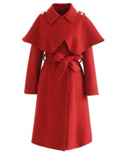 Manteau long en laine mélangée avec épaule cape en rouge