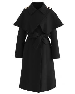 Manteau long en laine mélangée avec épaule cape en noir