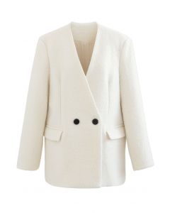 Manteau sans col boutonné à épaulettes en blanc