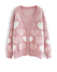 Cardigan en tricot doux et pelucheux à cœur contrastant nacré en rose