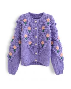 Cardigan tricoté à la main à pompons et diamants Stitch Floral en violet