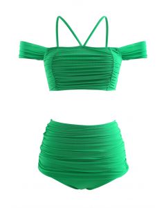 Ensemble de bikini à épaules dénudées en maille froncée en vert
