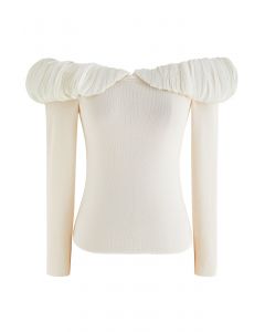 Crop top en tricot froncé à épaules dénudées épissé en crème