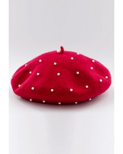 Chapeau béret fait main en laine mélangée perlée en rouge