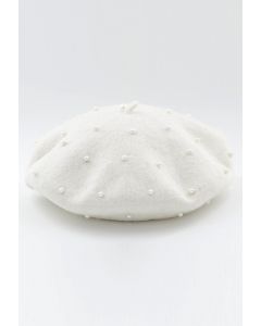 Chapeau béret fait main en laine mélangée perlée en blanc