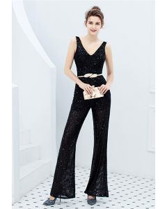 V-Neck Glitter Sequin Jumpsuit in Black