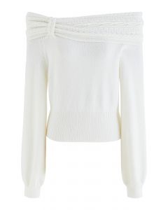 Braided Flap Off-Shoulder Knit Top in White