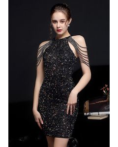 Sequins Halter Neck with Beads Cocktail Dress in Black