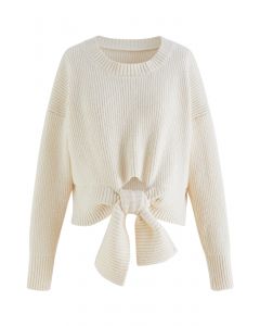 Self-Tie Knot Round Neck Knit Sweater in Cream