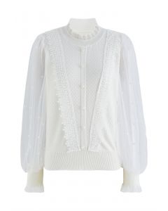 Pearly Mesh Spliced Sleeves Knit Top in Cream
