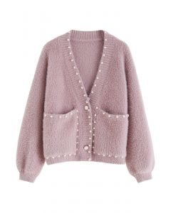Pearls Trim Pocket Fuzzy Knit Cardigan in Dusty Pink