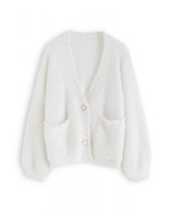 Pearls Trim Pocket Fuzzy Knit Cardigan in White
