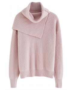 Detachable Scarf Rib Knit Sweater in Dusty Pink