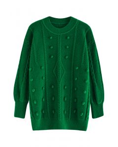 Pom-Pom Trim Cable Knit Sweater in Green