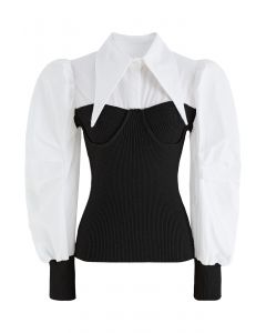 Pointed Collar Puff Sleeve Spliced Top in Black