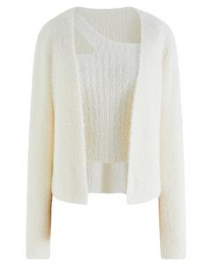 One-Shoulder Fuzzy Knit Top and Cardigan Set in Ivory