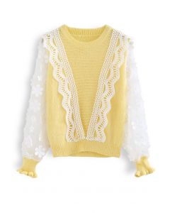 Haut en tricot épissé à manches en maille à fleurs au crochet en jaune