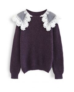 Pull Lacy Doll Collar Fuzzy Knit en Violet