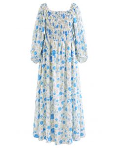 Flowery Field Robe mi-longue froncée à épaules dénudées en bleu