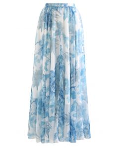 Jupe longue en mousseline de soie à imprimé de fleurs vibrantes en bleu