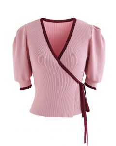 Haut cache-cœur en tricot à manches bouffantes et taille nouée en rose