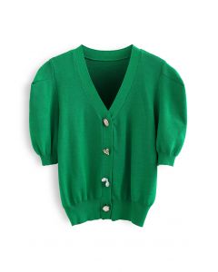 Cardigan court en tricot à manches courtes et boutons bijoux en vert