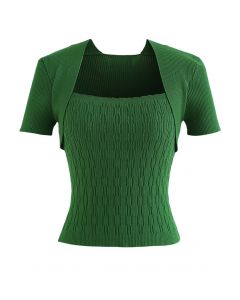 Haut en tricot côtelé contrasté à encolure carrée en vert