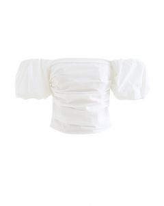 Crop top blanc en coton à épaules dénudées et manches bouffantes