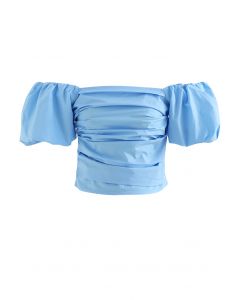 Crop top bleu en coton à épaules dénudées et manches bouffantes