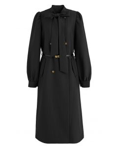Exquis Bowknot Double-Breasted Belted Coat en Noir
