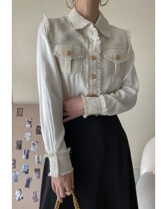 Chemise boutonnée en tweed épissé en blanc