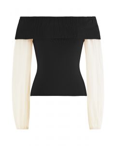 Crop top en tricot à manches transparentes et épaules dénudées en noir