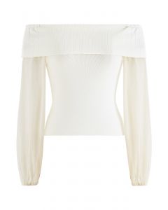 Crop top en tricot à manches transparentes et épaules dénudées en crème
