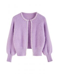 Cardigan ouvert en tricot pelucheux nacré en lilas
