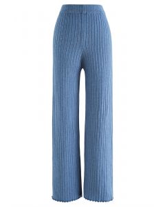 Pantalon en tricot côtelé à jambe droite en bleu